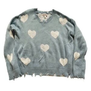 Belle Du Jour Kids Girls Heart Pattern Sweater Frayed Hem Blue Large Fall School